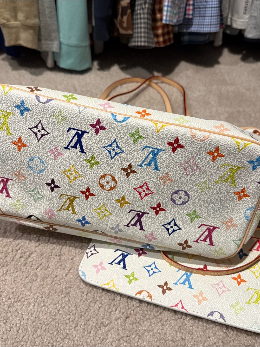 Designer inspired White Multicolor Monogram Canvas Tote with Pouch - Picture 3 of 5